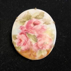 Vintage 1950 Floral Porcelain Brooch with Pink and Green Accents